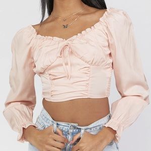 FOREVER 21 Balloon Sleeve Milkmaid Sweetheart Neckline Smocked Tie Pink Top